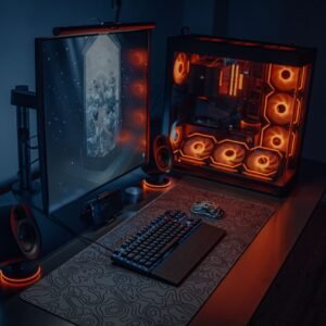 Gaming PC desk setup with RGB lighting