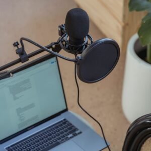 USB microphone on stand in studio